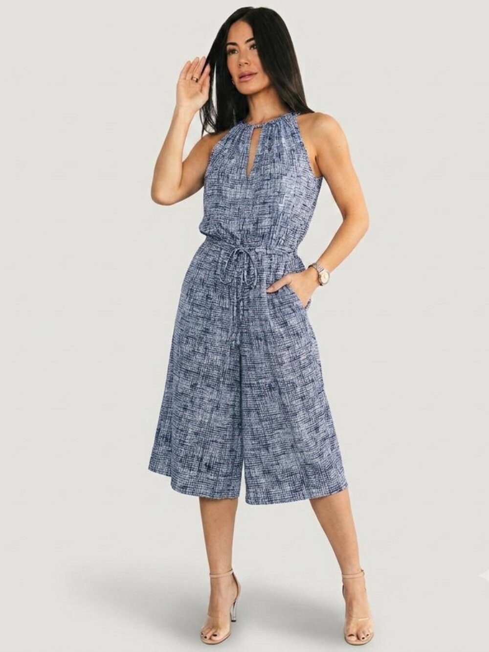 Roz & Ali 1X Navy Abstract Print Wide Leg Cropped Jumpsuit Pockets Culotte